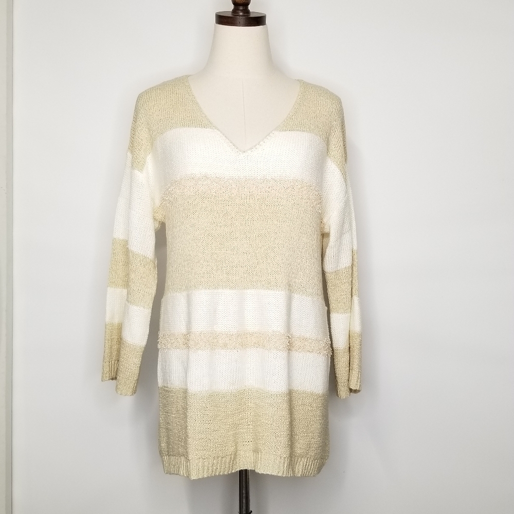 Soft Surroundings Women's Beige White Stripes V-neck Longsleeve Knit Sweater,  M